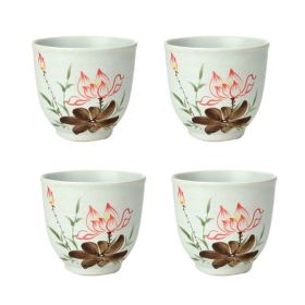 4Pcs Chinese Style Beautiful Lotus Ceramic Teacups Small Straight Wine Glass 150ML