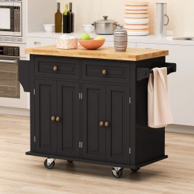 Kitchen Island Cart with Two Storage Cabinets and Two Locking Wheels,43.31 Inch Width,4 Door Cabinet and Two Drawers,Spice Rack, Towel Rack(Black)