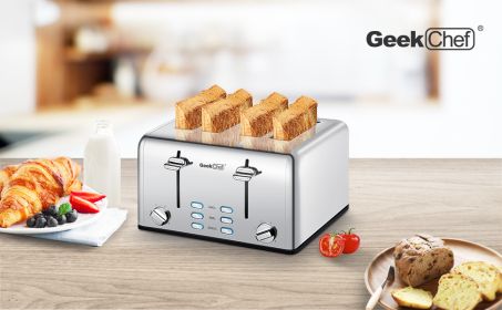 Toaster 4 Slice, Geek Chef Stainless Steel Extra-Wide Slot Toaster with Dual Control Panels of Bagel/Defrost/Cancel Function