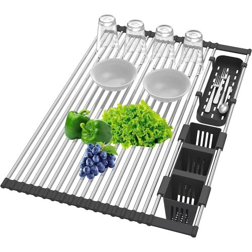 Extra Large Stretchable Roll Up Dish Drying Rack with 2 Removable Utensil Baskets Foldable Over Sink Stainless Steel Dish Drying Rack 12.59in to 23.22 Extra Large Stretchable Roll Up Dish Drying Rack with 2 Removable Utensil Baskets Foldable Over Sink Stainless Steel Dish Drying Rack 12.59in to 23.22