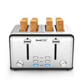 (Don't sell on Amazon) Toaster 4 slices, geek chef stainless steel extra-wide slot toaster, dual control panel with bagel/defrost/cancel function