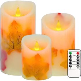 Flameless Candles Lights, Set of 3 Maple Leaf Flickering LED Candles with Remote & Timer, Dimmable LED Pillar Candles Battery Operated