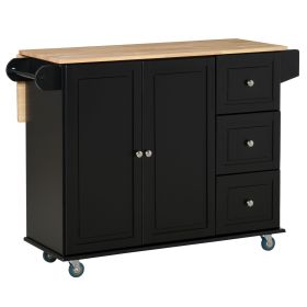 Mobile Kitchen Island with Drop Leaf, Storage Trolley Cart on Wheels, Towel/Spice Rack, 3 Drawers, 2-Door Cabinet, Black