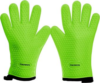 KITCHEN PERFECTION Silicone Smoker Oven Gloves -Extreme Heat Resistant BBQ Gloves-Handle Hot Food Right on Your Grill Fryer & Pit |Waterproof Grilling (Color: Green)