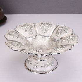 Gold Fruit Basket Flower Shape Festival Alloy Candy Food Nut Fruit High Storage Basket Wedding Home Desktop Tray Decoration (Plate Size: 7.08 inches, Color: Silver)