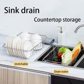 1pc Drain Rack; Drain Basket; Stainless Steel Kitchen Basket; Home Utensil Holder; Sink Basket; Retractable Sink Rack Suitable For Rectangular Sink Bo (size: L)