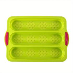 1pc; Silicone Baguette Pan; French Bread Baking Pan; Perforated 3 Loaves Baguettes Bakery Tray; Baking Tools; Kitchen Gadgets; Home Kitchen Items (Color: Green)