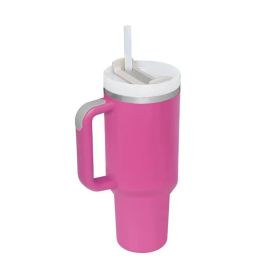 Mug Tumbler with Handle Insulated Tumbler with Lids Straw Stainless Steel Coffee Cups with Adjustable Strap Water Bottle Pouch (Color: Barbie powder)