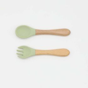 Baby Food Grade Wooden Handles Silicone Spoon Fork Cutlery (Color: light green, Size/Age: Average Size (0-8Y))