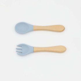 Baby Food Grade Wooden Handles Silicone Spoon Fork Cutlery (Color: Navy Blue (Dark Blue), Size/Age: Average Size (0-8Y))