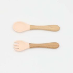 Baby Food Grade Wooden Handles Silicone Spoon Fork Cutlery (Color: Beige, Size/Age: Average Size (0-8Y))