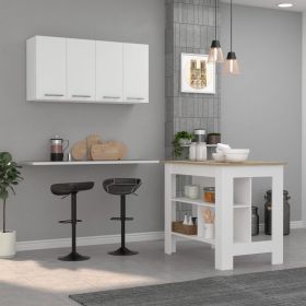 Caledon 2 Piece Kitchen Set, Kitchen Island + Upper Wall Cabinet , White /Walnut (Color: White  /Light Oak)