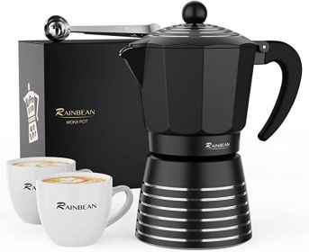 RAINBEAN Moka Pot 6 Cup Set, 11 oz / 300ml Stovetop Espresso Maker, Italian Cuban Greca Coffee (Color: Black)