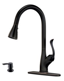 Matte Black Kitchen Faucet Pull Down Sprayer and Soap Dispenser - Single Handle Commercial High Arc One Hole Pull Out Spray Head Kitchen Sink Faucets (Color: Oil Rubbed Bronze)