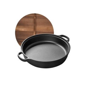 Uncoated Frying Pan with Dual Handles and Wooden Lid(AMZ Shipping) (Pan Diameter: 11inch, Color: Black)