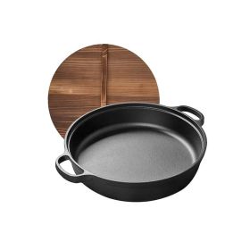 Uncoated Frying Pan with Dual Handles and Wooden Lid(AMZ Shipping) (Pan Diameter: 11.8inch, Color: Black)