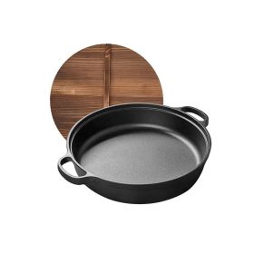 Uncoated Frying Pan with Dual Handles and Wooden Lid(AMZ Shipping) (Pan Diameter: 13.8inch, Color: Black)