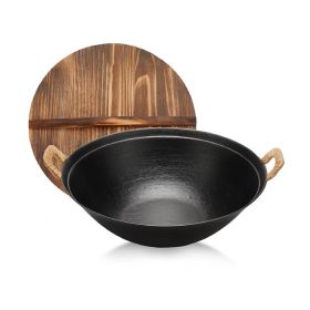 Cast Iron Wok Pan with Dual Handle and Wooden Lid(AMZ Shipping) (Pan Diameter: 14.2inch, Color: Black)